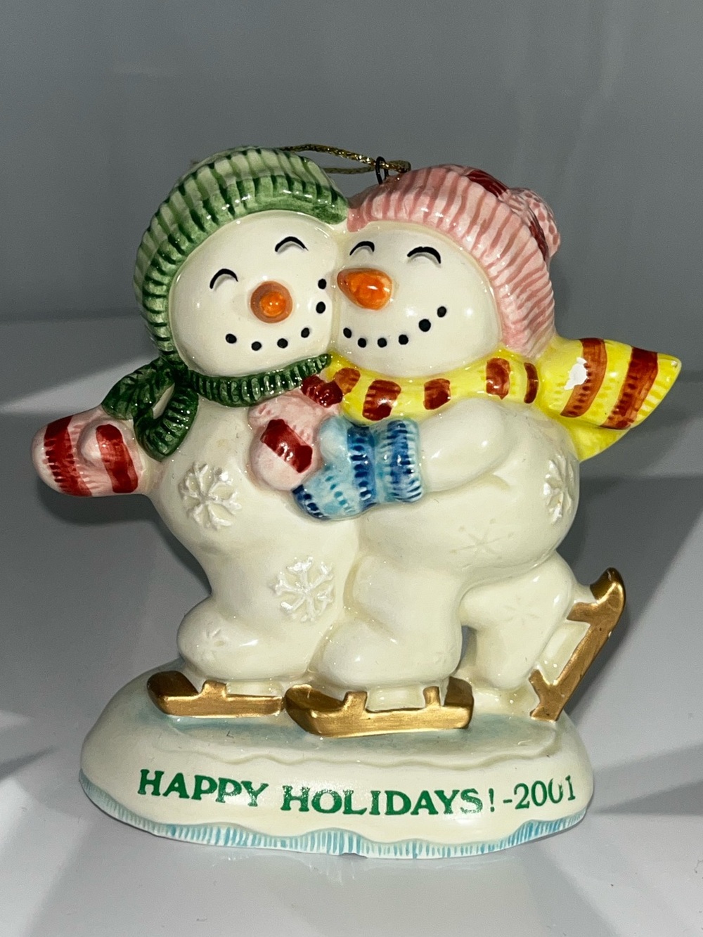 Fritz And Floyd Holiday Snowman Couple Ornament - White, Green, Pink, Vintage